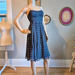 Vintage Y2K Anne Klein Silk Midi Dress Milkmaid Polka Dot Navy Blue Size 4